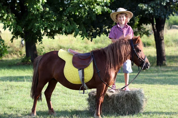 Щасливий хлопчик з поні конем на полі — стокове фото