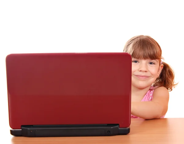 Little girl with laptop on white — Stock Photo, Image