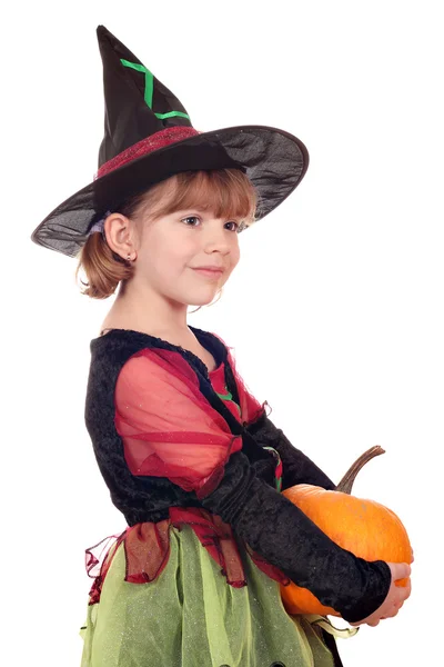 Küçük kız cadı balkabağı beyaz holding — Stok fotoğraf