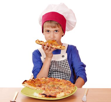 Aç çocuk aşçı yemek pizza