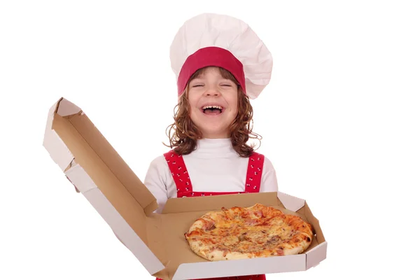 Beautiful happy little girl cook hold box with pizza — Stock Photo, Image