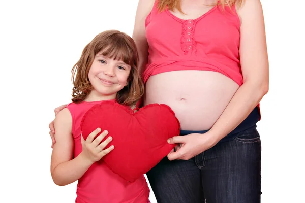 Daughter with big red heart and pregnant mother — Stock Photo, Image