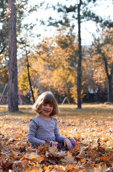 Hermosa niña sentada en hojas de otoño — Foto de Stock