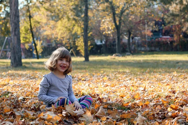 Menina bonita feliz no parque de outono — Fotografia de Stock