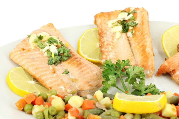 Seafood salmon with salad and lemon — Stock Photo, Image