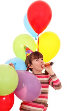 küçük kızla mutlu: trompet ve balon doğum günü