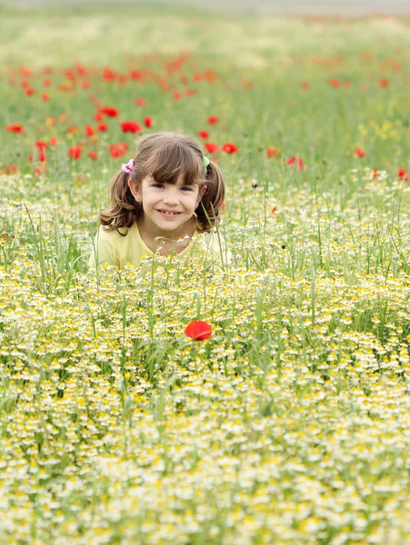 Happy little girl on spring meadow — Stock Photo, Image
