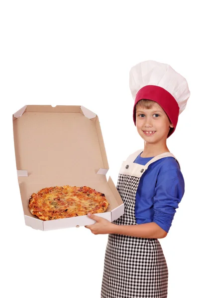 Happy boy chef holding a pizza box — Stock Photo, Image