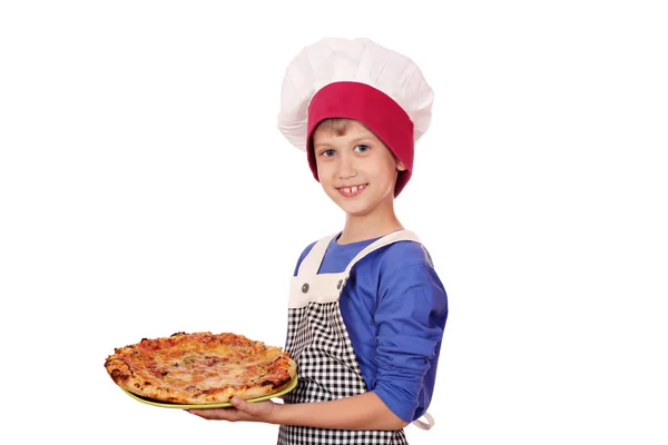 Chef menino feliz com pizza — Fotografia de Stock