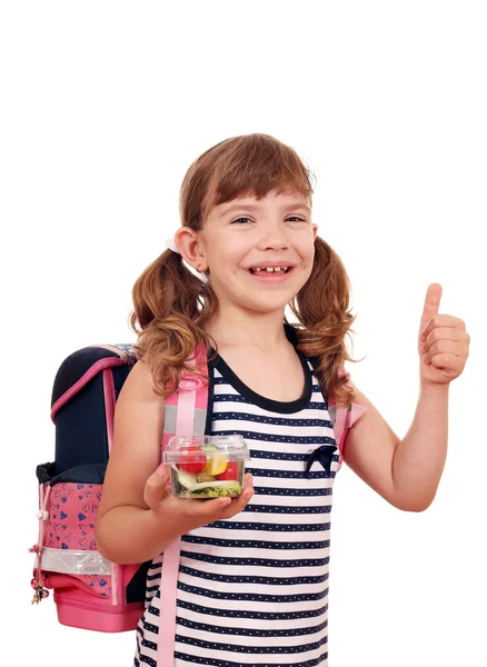 Glückliches kleines Mädchen mit gesundem Mittagessen für die Schule — Stockfoto