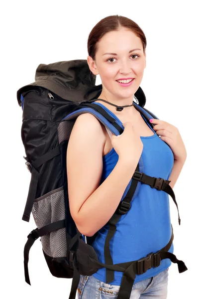 Fille avec sac à dos prêt pour la randonnée — Photo