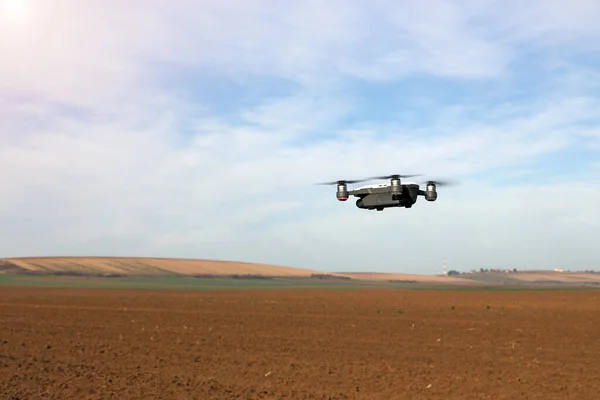 Drone Flying Plowed Field Springtime — 图库照片