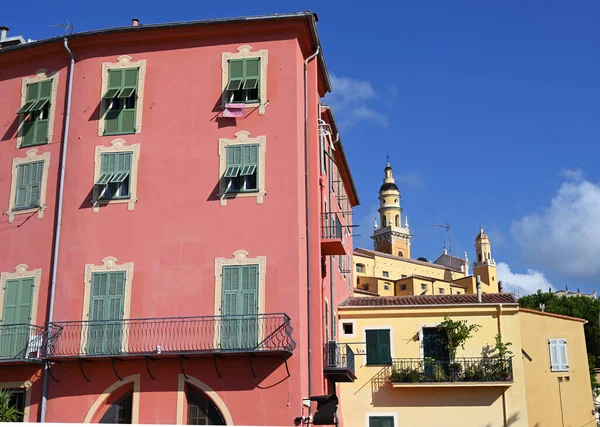 Colorful Old Buildings Church Tower Menton France — 스톡 사진