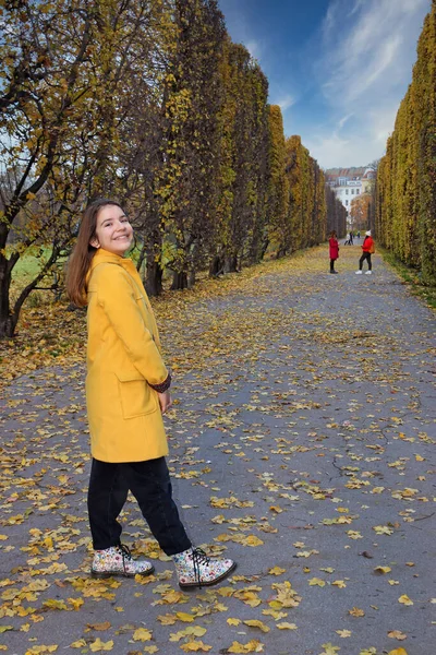Chica Feliz Está Caminando Parque Temporada Otoño — Foto de Stock