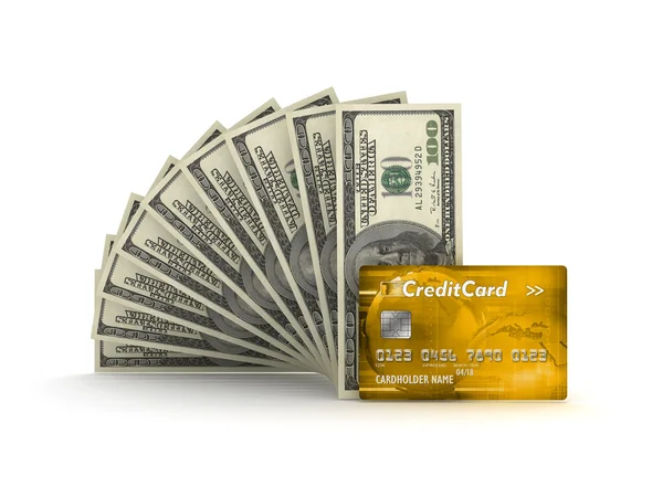 Cartão de crédito e notas de dólar em fundo branco — Fotografia de Stock