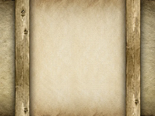 Vecchio foglio di carta spiegazzato e legno su sfondo tela — Foto Stock