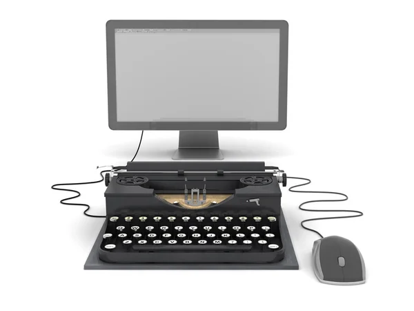Retro typewriter, computer monitor and mouse — Stock Photo, Image