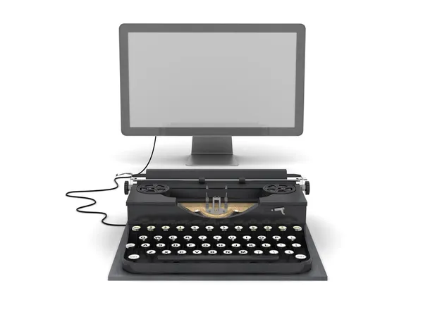 Ретро друкарська машинка та монітор комп'ютера — стокове фото