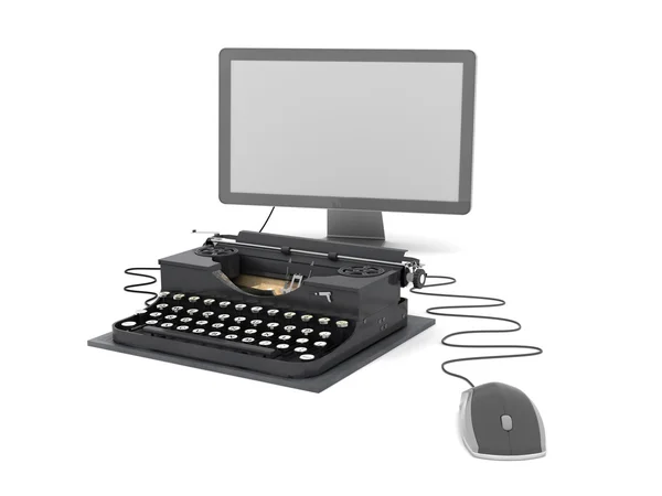 Schrijfmachine, computermonitor en muis — Stockfoto