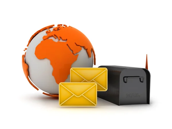 Global mail concept - earth globe, mailbox and envelopes — Stock Photo, Image