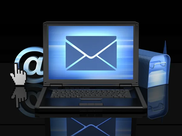 Laptop op zwarte achtergrond - e-mail concept illustratie — Stockfoto