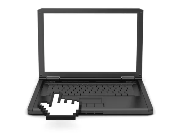 Black laptop and cursor hand on white background — Stock Photo, Image