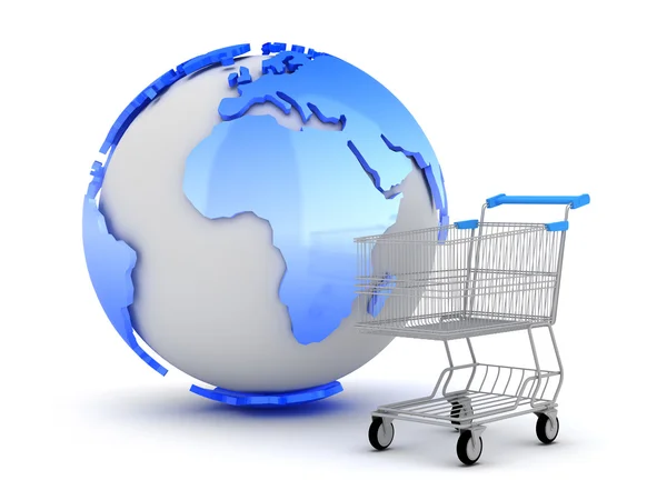 E-alışveriş - dünya Küre ve alışveriş sepeti — Stok fotoğraf