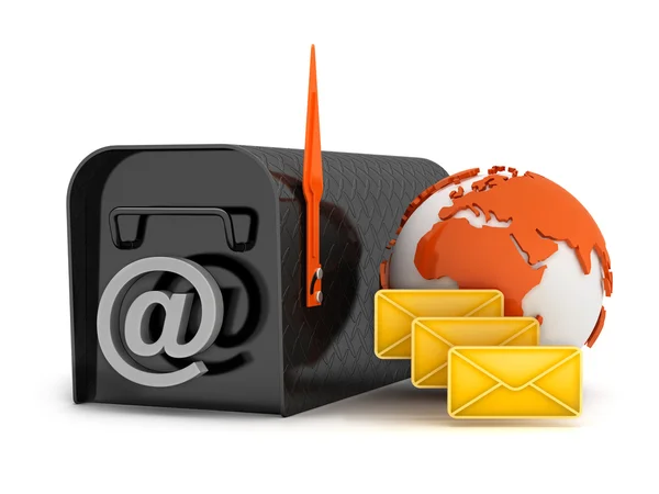 Почтовый ящик, глобус, конверты и электронная почта — стоковое фото