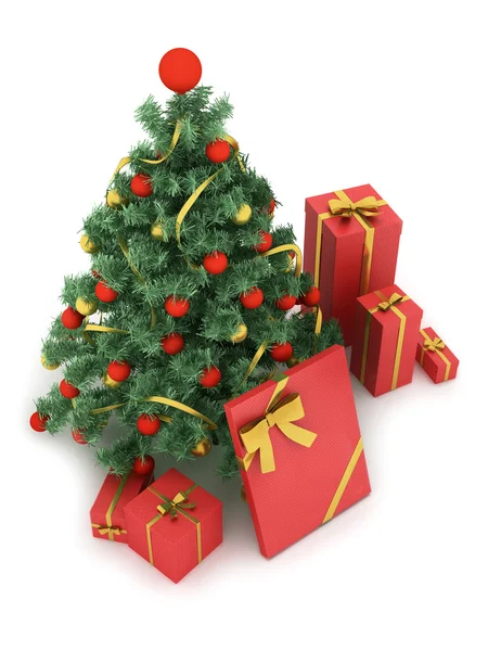 Weihnachtsbaum und Geschenke auf weißem Hintergrund — Stockfoto