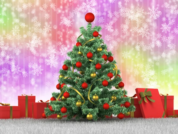 Christmas tree and gifts on a colored background — Stock Photo, Image