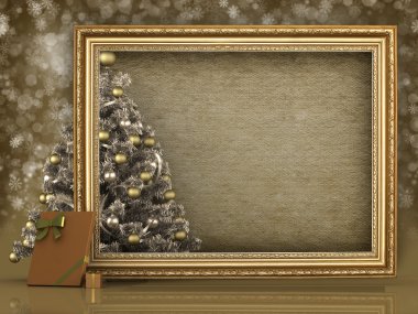 Noel ağacı ve resim çerçevesi içinde boş kağıt sayfası