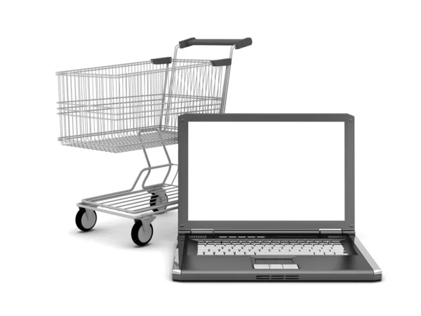 Shopping cart and laptop on white background — Stock Photo, Image