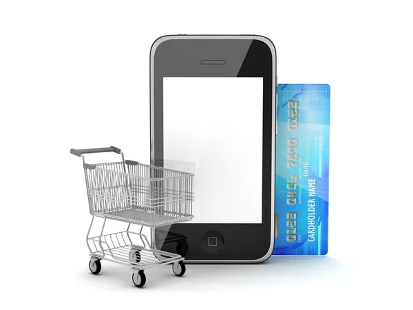 Mobiele telefoon, winkelen kar en credit card — Stockfoto