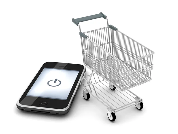 Telefone celular e carrinho de compras no fundo branco — Fotografia de Stock