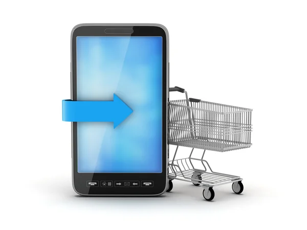 Telefone celular e carrinho de compras — Fotografia de Stock