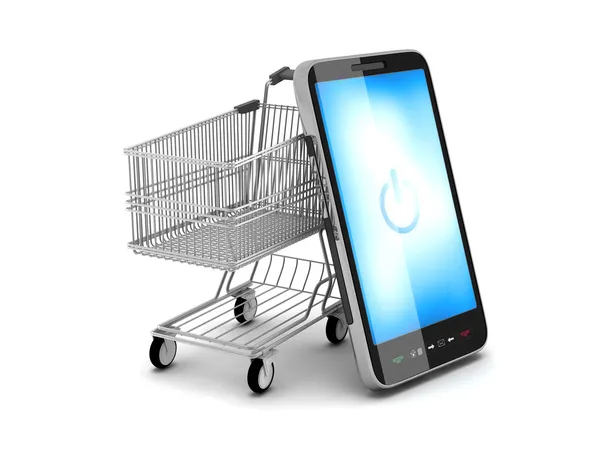 Mobile phone and shopping cart — Stock Photo, Image