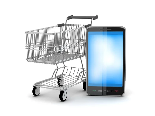 Shopping cart and mobile phone — Stock Photo, Image