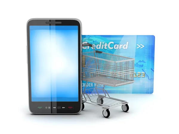 Shopping cart, credit card and cell phone — Stock Photo, Image