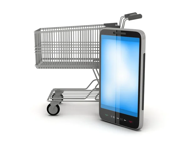 Shopping cart and cell phone on white background — Stock Photo, Image