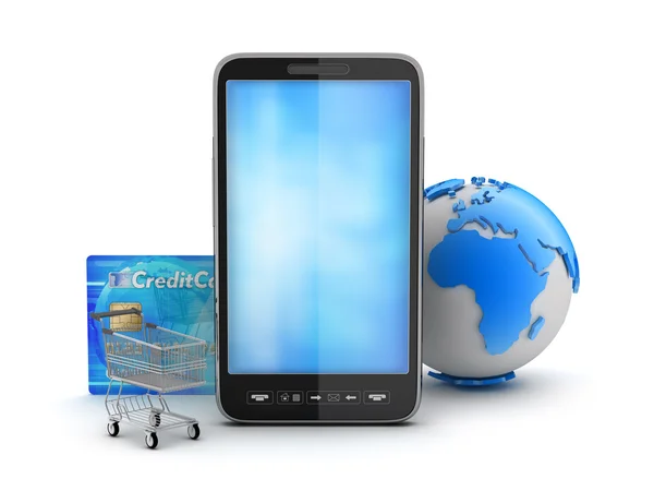 Cell phone, credit card, shopping cart and earth globe — Stock Photo, Image