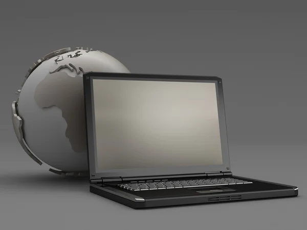 Laptop and earth globe on gray background — Stok fotoğraf