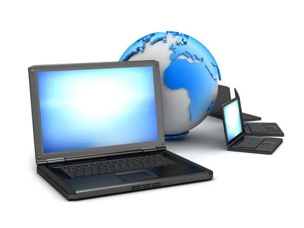 Global network - laptops and earth globe — Stock Photo, Image