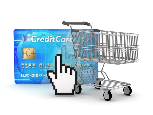 Compras por Internet - carrito de compras, tarjeta de crédito y mano cursor — Foto de Stock