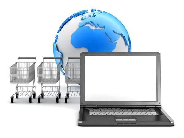 İnternet alışveriş - dizüstü bilgisayar, alışveriş sepeti ve dünya Küre — Stok fotoğraf