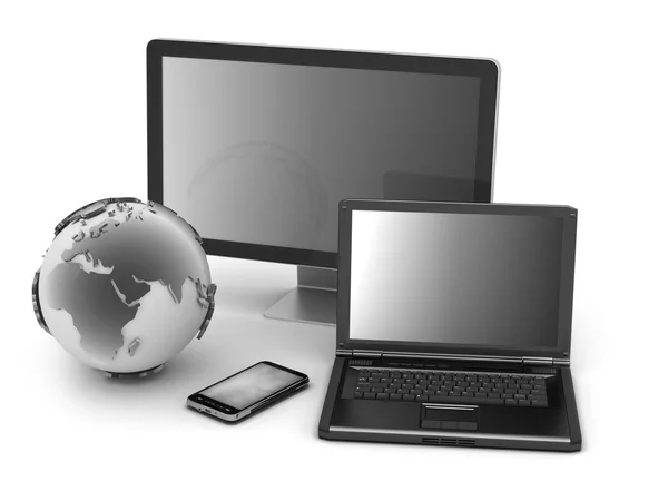 Laptop, monitor, cell phone and earth globe — Stock Photo, Image