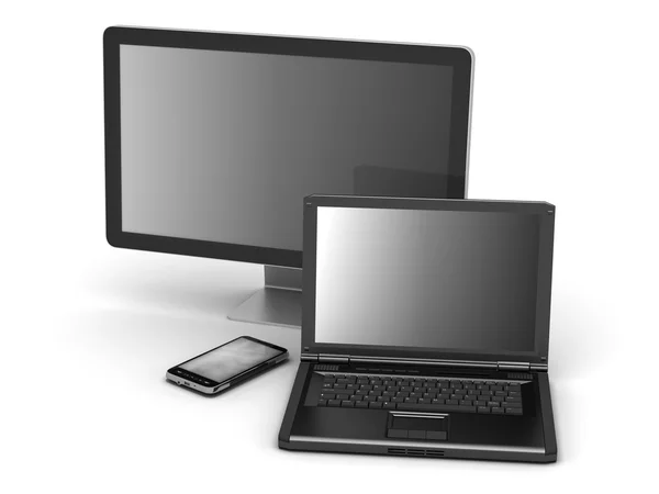 Monitor de computador, laptop e telefone celular — Fotografia de Stock