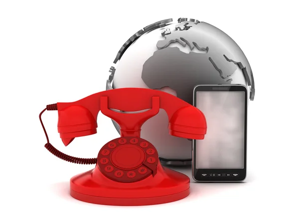 Rotační červený telefon, mobilní telefon a zemi světa — Stock fotografie