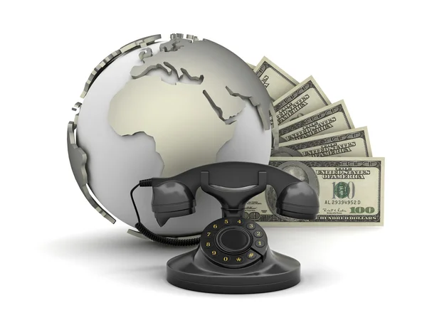 Çevirmeli telefon, para ve dünya Küre — Stok fotoğraf
