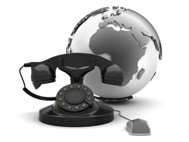 Retro döner telefon, dünya Küre ve bilgisayar fare