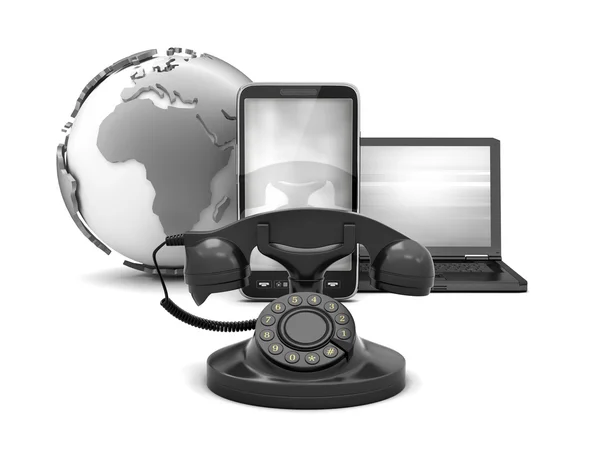 Rotary phone, cell phone and laptop as communication symbols — Stock Photo, Image